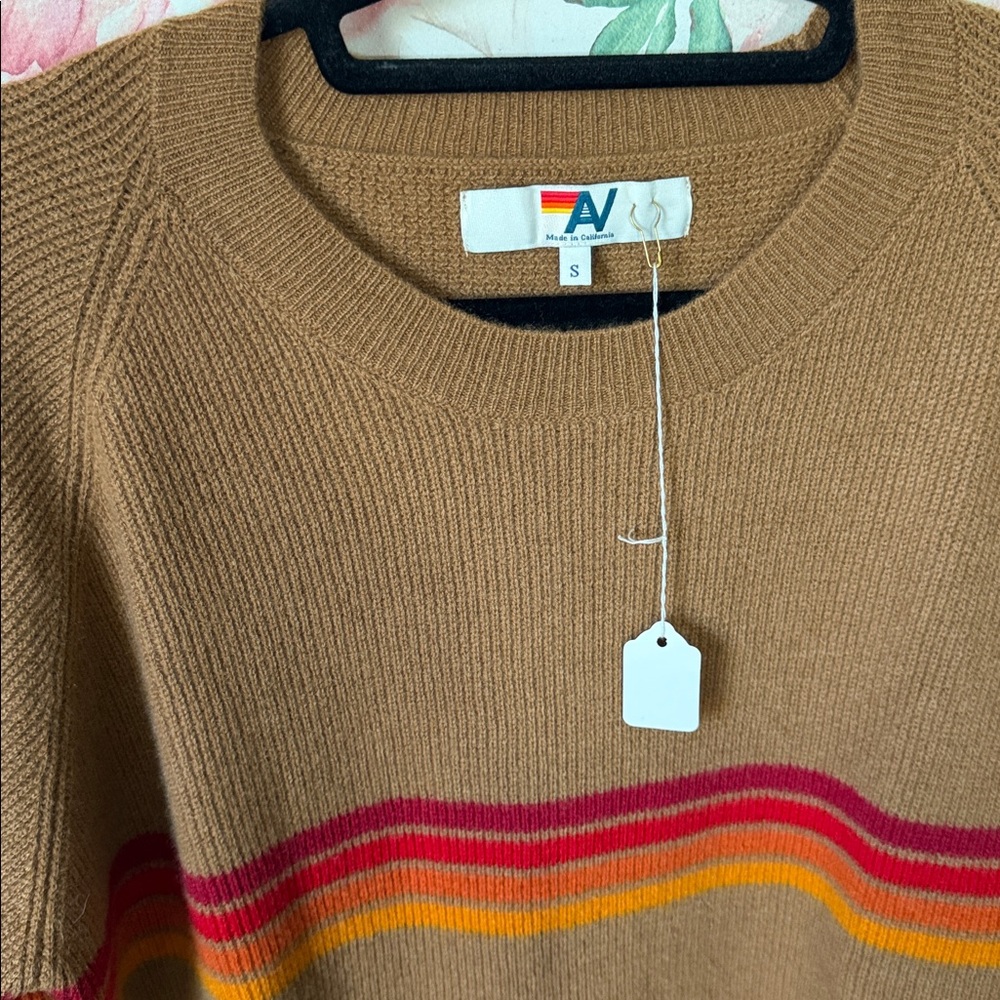 76-$449 NWT Aviator Nation RAINBOW STRIPE UNISEX CASHMERE SWEATER BUTTERSCOTCH - Picture 5 of 7